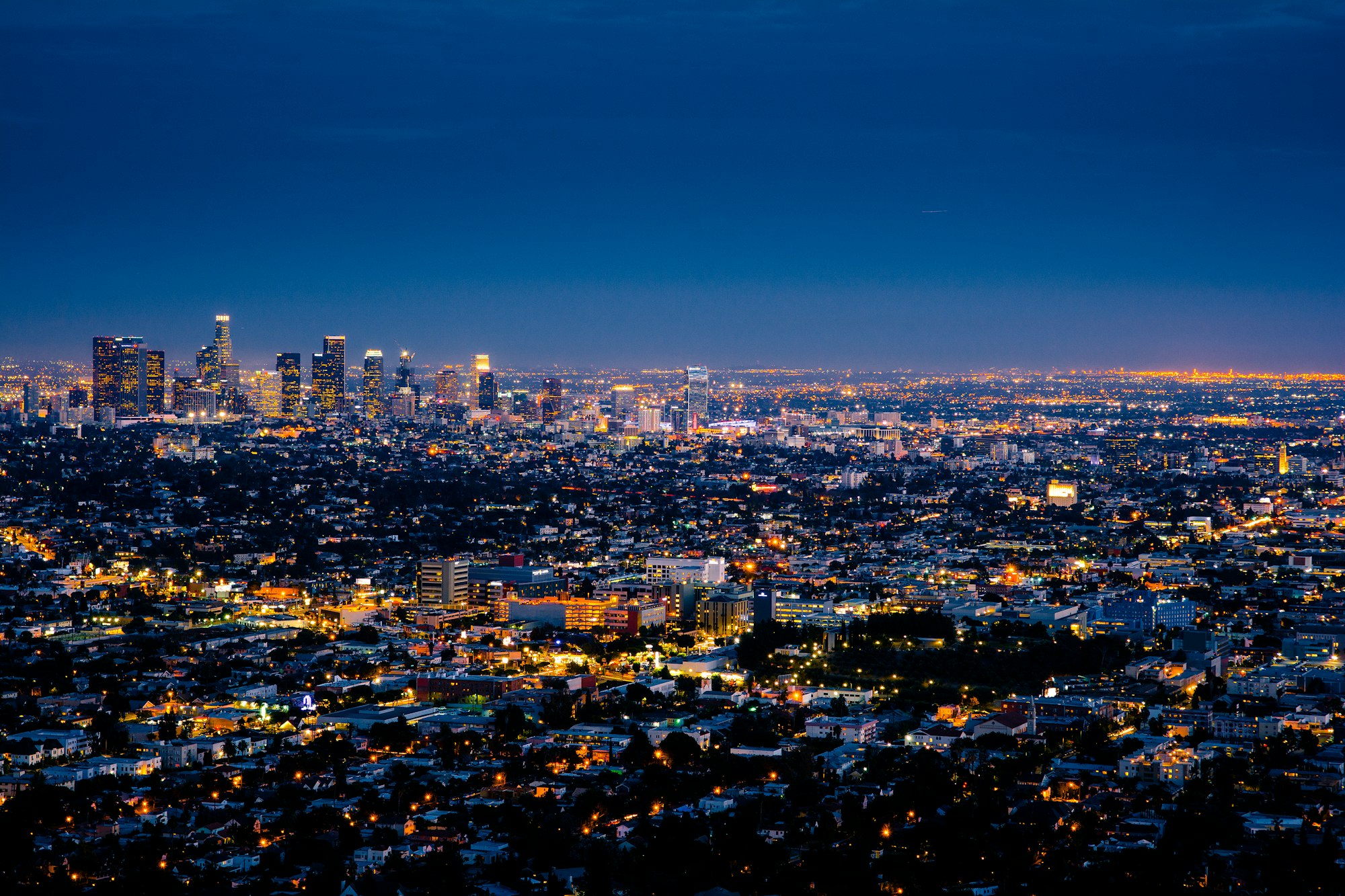 Interconnected global city at dusk